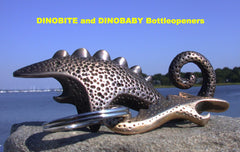 dark bronze dinosaur inspired bottle opener and polihed bronze key chain